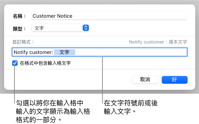 自訂文字輸入格格式。