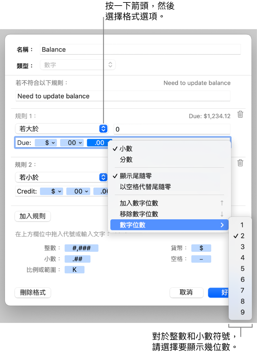 帶有控制項目的自訂輸入格格式視窗，用來製作自訂數字格式。