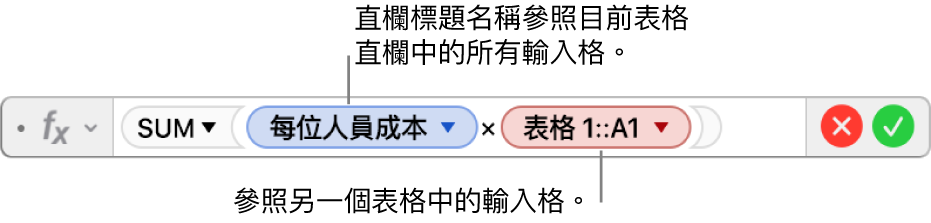 顯示公式的「公式編輯器」，其參照一個表格中的直欄與另一個表格中的輸入格。