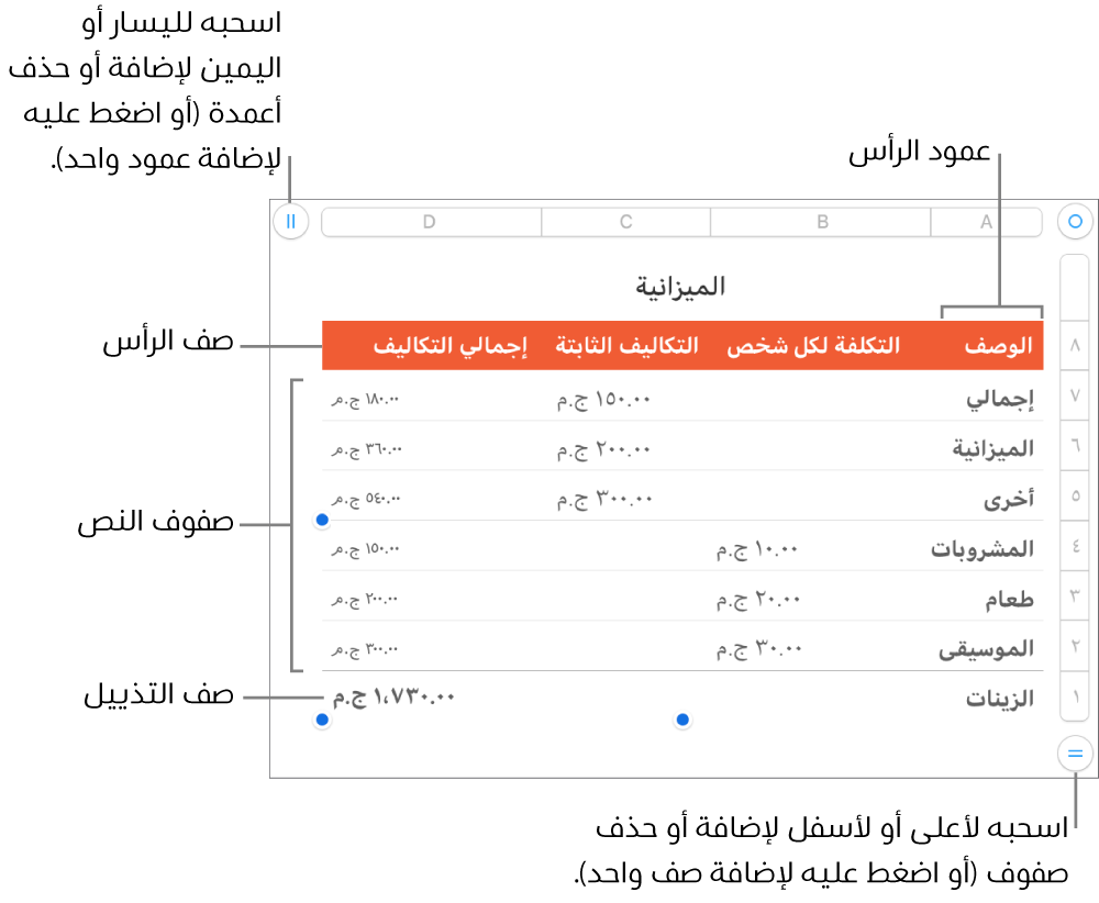 جدول يعرض أعمدة وصفوف الرأس، والمحتوى، والتذييل، والمقابض لإضافة الصفوف والأعمدة أو حذفها.