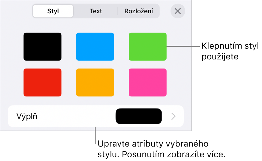 Panel Styl v nabídce Formát se styly tvarů u horního okraje a výběrem barev výplně níže.