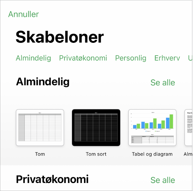 Skabelonvælgeren, der viser en række kategorier langs toppen, som du kan trykke på for at filtrere mulighederne. Derunder ses miniaturer af færdige skabeloner opstillet i rækker efter kategori.