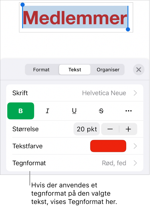 Betjeningsmulighederne til formatering af tekst med Tegnformat under betjeningsmulighederne til farve. Tegnformatet Intet vises med en stjerne.