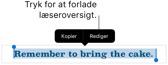 En sætning er valgt, og over den ses en kontekstmenu med knapperne Kopier og Rediger.