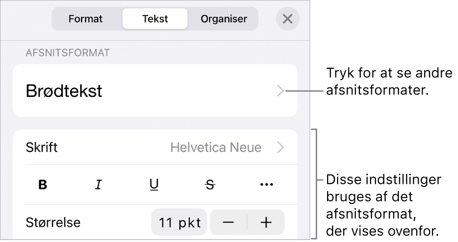 Menuen Format, der viser betjeningsmuligheder til tekst til indstilling af afsnits- og tegnformater, skrift, størrelse og farve.