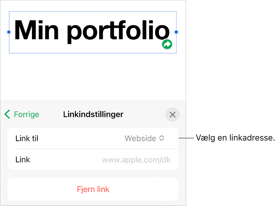 Link-værktøjet med websiden er valgt, med knapperne Fjern og Åbn Link i bunden.