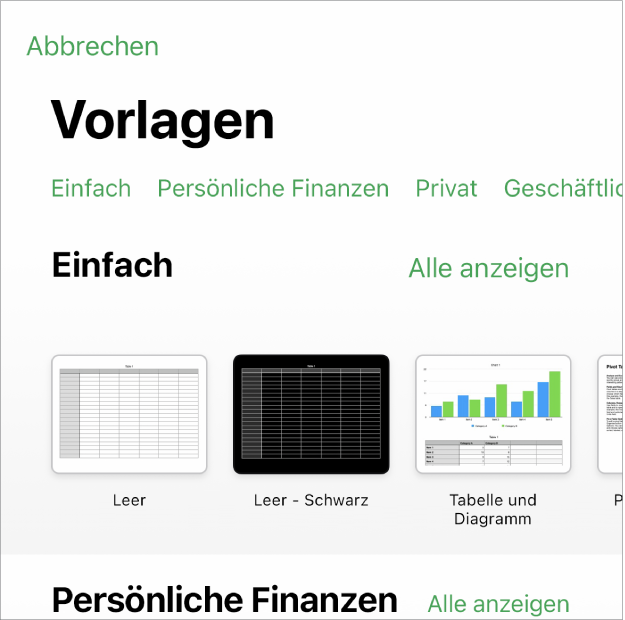 Die Vorlagenauswahl zeigt oben eine Zeile mit Kategorien, auf die du tippen kannst, um die Optionen zu filtern. Darunter befinden sich Miniaturen der vordefinierten Vorlagen in Zeilen nach Kategorien sortiert, beginnend mit „Zuletzt benutzt“ oben, gefolgt von „Einfach“. Die Taste „Alle anzeigen“ erscheint darüber und rechts neben jeder Kategoriezeile.