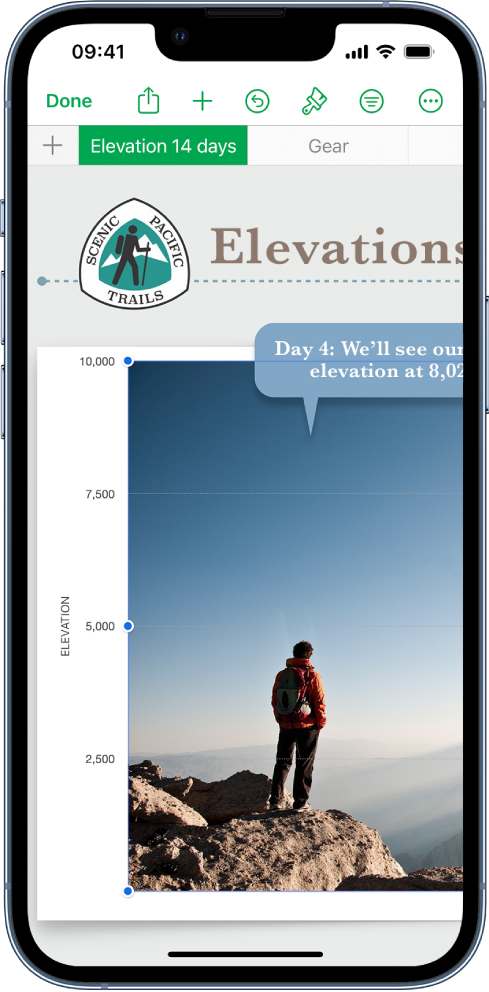 A spreadsheet tracking hiking information, showing sheet names near the top of the screen. The Add Sheet button is on the left, followed by sheet tabs for Elevation and Trail Segments.