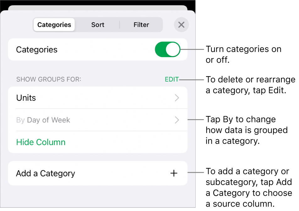 The Categories menu for iPhone with options for turning categories off, deleting categories, regrouping data, hiding a source column and adding categories.