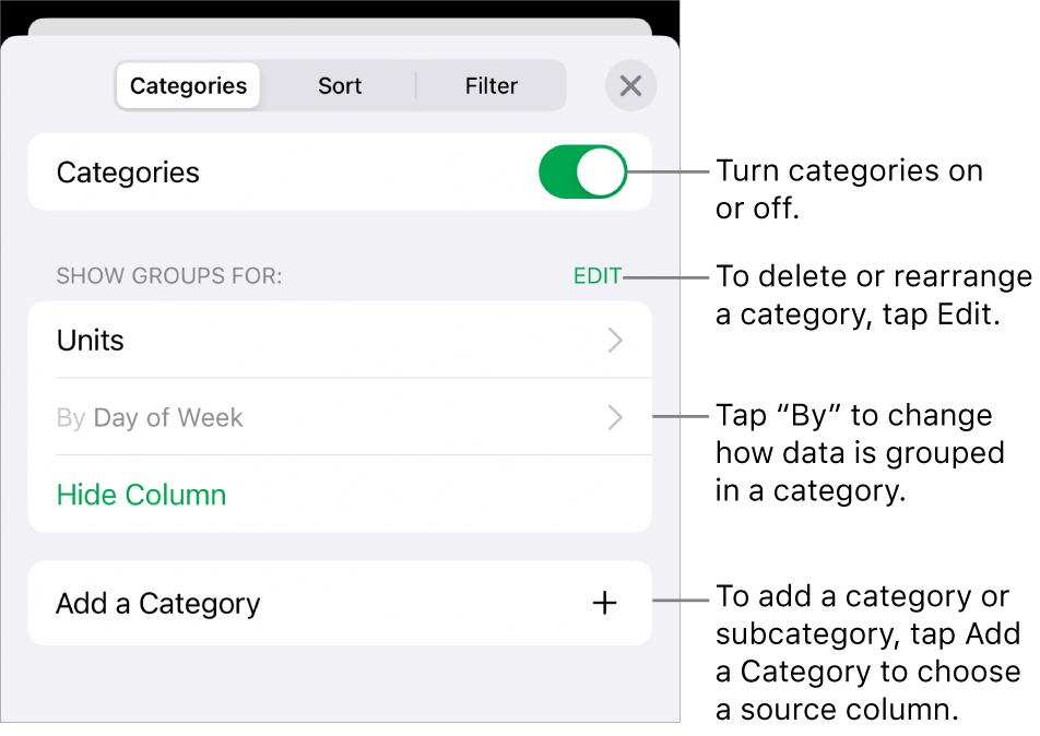 The Categories menu for iPhone with options for turning categories off, deleting categories, regrouping data, hiding a source column, and adding categories.