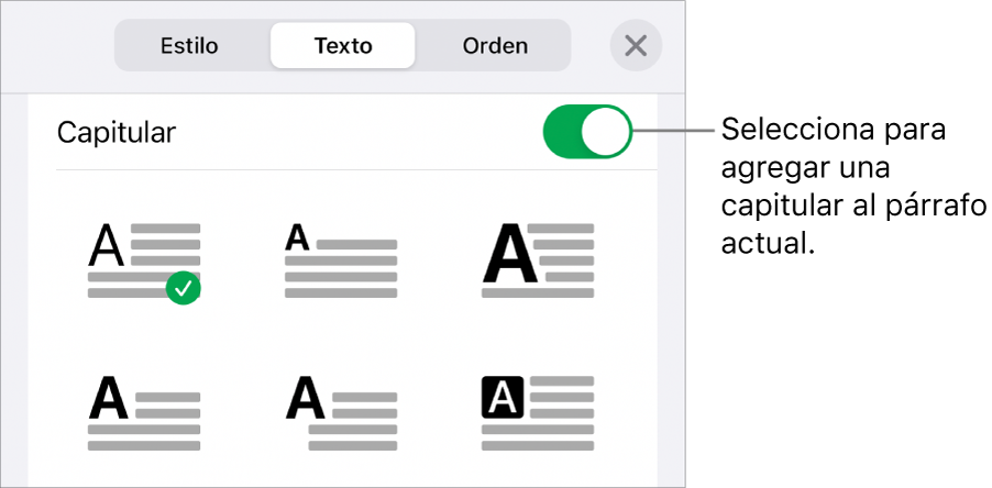 Los controles de letra capitular al final del menú Texto.