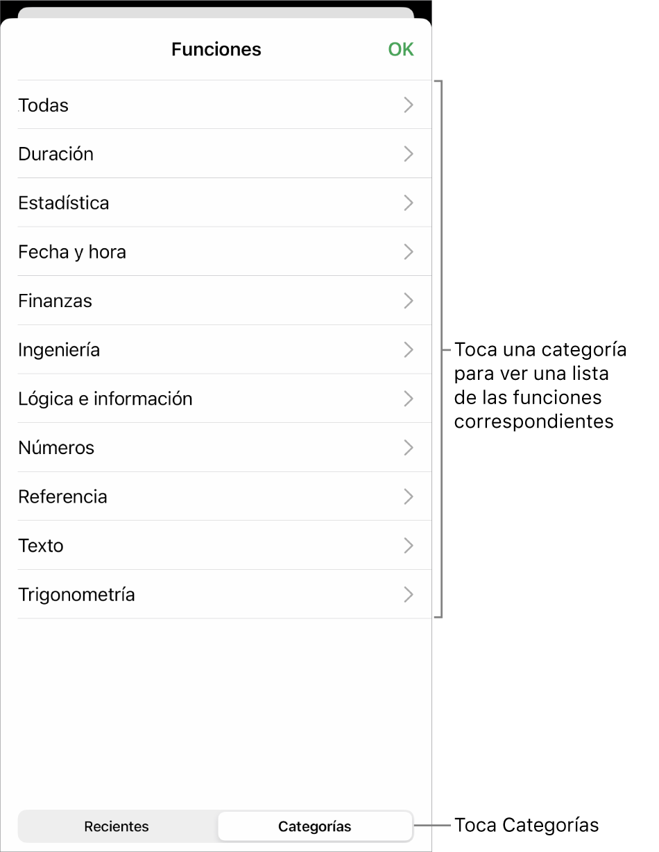 El explorador de funciones con una llamada al botón Categorías y la lista de categorías.