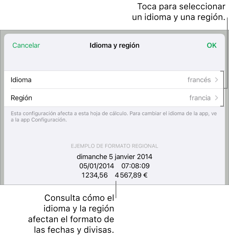 El panel Idioma y región con controles para el idioma y la región, y un ejemplo de formato que incluye una fecha, una hora, y formatos decimales y de moneda.