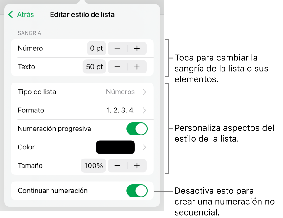 El menú Editar estilo de lista con controles para el espaciado de la sangría, el tipo y el formato de la lista, los números escalonados, el color y el tamaño de la lista y la numeración continua.