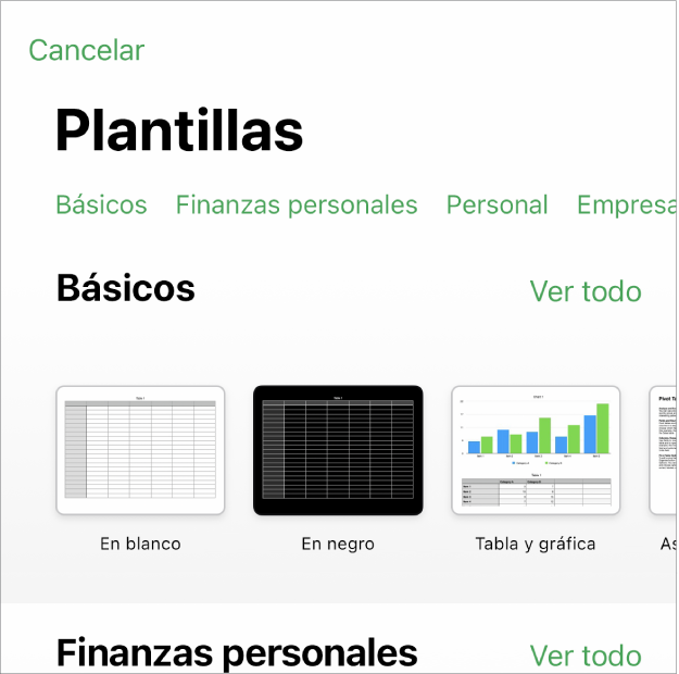 El selector de plantilla, mostrando una fila de categorías a lo largo de la parte superior en la que puedes tocar para filtrar las opciones. Debajo se encuentran las miniaturas de las plantillas prediseñadas ordenadas en filas por categoría.