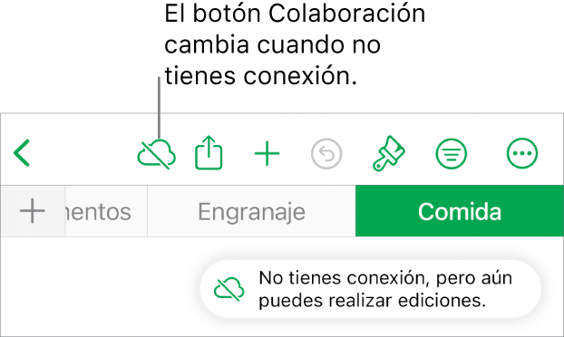 Los botones de la parte superior de la pantalla, con el botón Colaboración cambiado a una nube con una línea diagonal que la atraviesa. Un aviso en la pantalla dice “No tienes conexión, pero aún puedes realizar ediciones”.