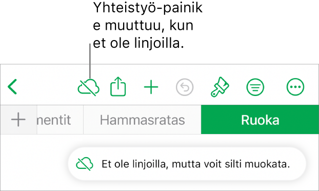 Näytön yläreunassa olevat painikkeet, joista Yhteistyö-painike on muuttunut pilven kuvaksi, jonka läpi menee vinottainen viiva. Näytöllä näkyvässä ilmoituksessa lukee ”Et ole linjoilla, mutta voit silti muokata.”