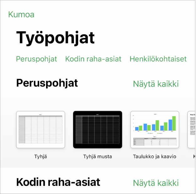 Työpohjan valitsin, jonka yläreunassa näkyy kategorioiden rivi, jota napauttamalla voidaan suodattaa vaihtoehtoja. Alla on esimääritettyjä työpohjia, jotka on järjestetty riveihin kategorian mukaan siten, että yläreunassa ovat äskeiset työpohjat ja niiden alla peruspohjat. Näytä kaikki -painike tulee näkyviin kunkin kategorian yläpuolelle oikealla. Kieli ja alue -painike on oikeassa yläkulmassa.