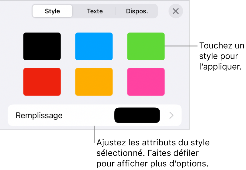 Onglet Style du menu Format avec des styles de forme en haut et, en dessous, des couleurs de remplissage.