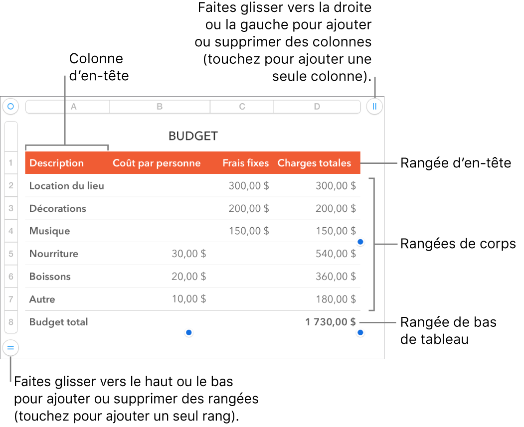 Tableau affichant des rangées et des colonnes d’en-tête, de corps et de bas de tableau, et poignées pour ajouter ou supprimer des rangées ou des colonnes.