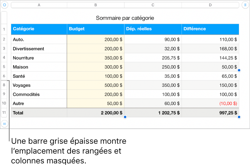 Une barre grise épaisse qui indique l’emplacement des rangées et des colonnes masquées.