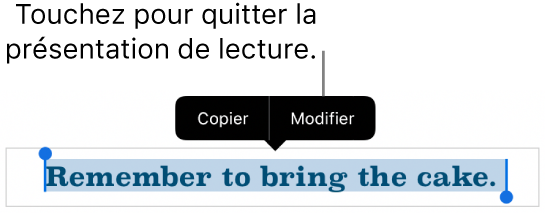 Une phrase est sélectionnée. Au-dessus de celle-ci s’affiche un menu contextuel avec les boutons Copier et Modifier.