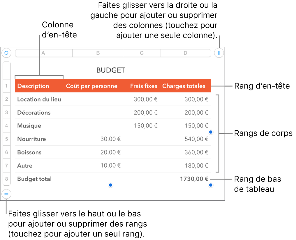 Tableau affichant des rangs et des colonnes d’en-tête, de corps et de bas de tableau, et poignées pour ajouter ou supprimer des rangs ou des colonnes.