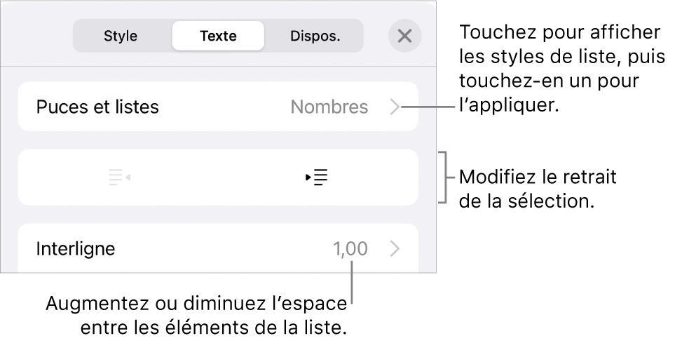 La section « Puces et listes » des commandes Format avec des légendes pour « Puces et listes », les boutons d’indentation et de suppression d’indentation et les commandes d’espacement entre les lignes.