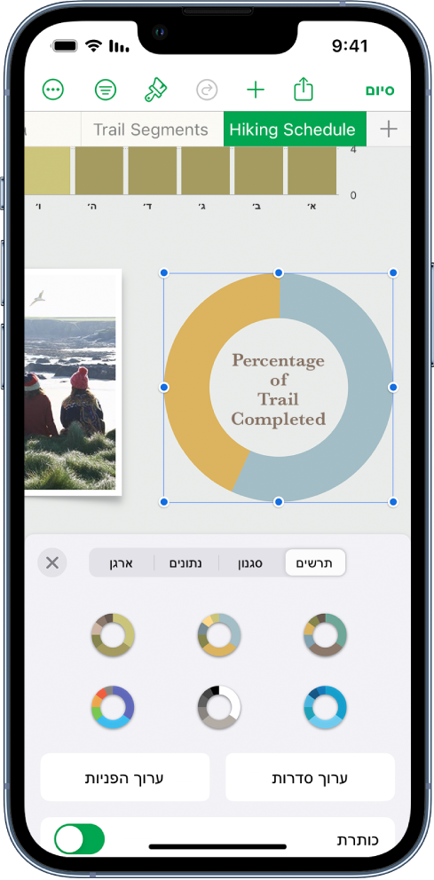 תרשים עוגה המציג אחוזים של מסלולים שהושלמו. התפריט ״עיצוב״ פתוח גם הוא, ומציג סגנונות לבחירה, כמו גם אפשרויות לעריכת הסדרות או ההפניות לתאים ולהפעלה או ביטול של שם התרשים או המקרא.