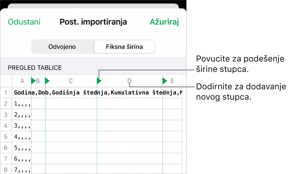 Postavke importiranja za tekstualnu datoteku fiksne širine.