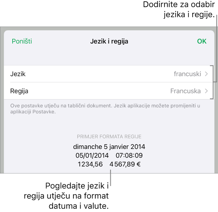 Prozor Jezik i regija s kontrolama za jezik i regiju te primjer formatiranja uključujući datum, vrijeme, decimalu i valutu.