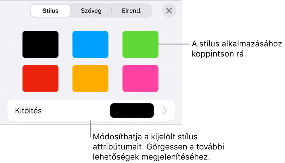 A Formátum menü Stílus lapja, felül az objektumstílusokkal, alattuk pedig a kitöltés módosítására szolgáló vezérlővel.