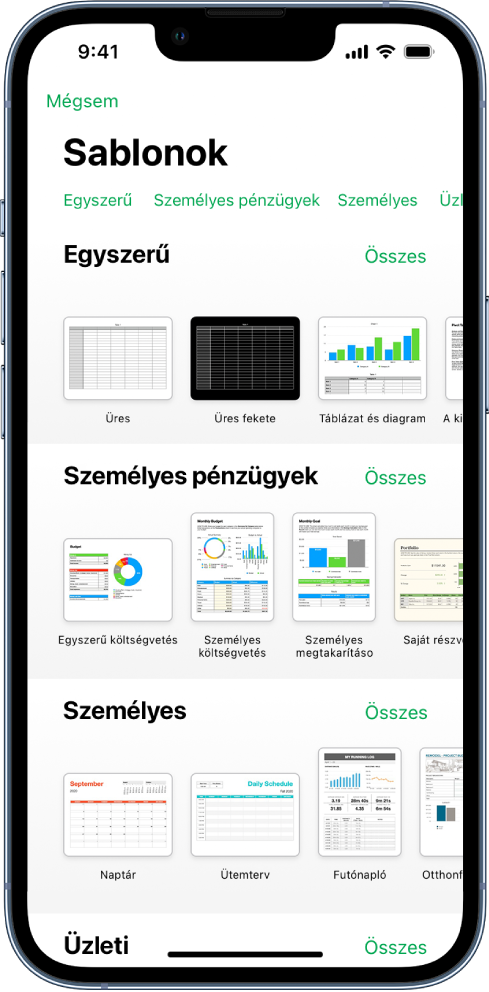 A sablonválasztó, a kategóriák sorával a felső részén, ahonnan a szűrési feltételek választhatók ki. Alatta a kategóriák alapján sorokba rendezett előre elkészített sablonok bélyegképei láthatók. Elsőként az Előzmények kategória látható, melyet az Egyszerű és a Személyes pénzügyek kategória követ. Minden egyes sor jobb oldalán egy Összes megtekintése gomb látható. A Nyelv és régió gomb a jobb felső sarokban látható.