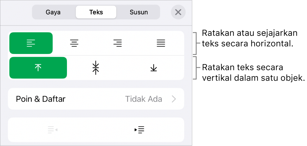 Bagian Tata Letak pada Inspektur format dengan callout pada tombol perataan teks dan spasi.