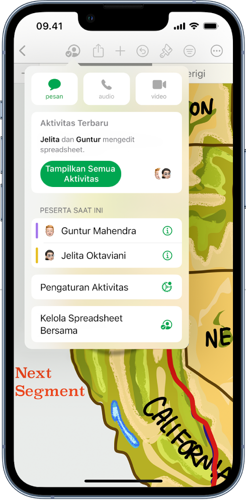 Menu kolaborasi menampilkan nama orang yang berkolaborasi di spreadsheet.