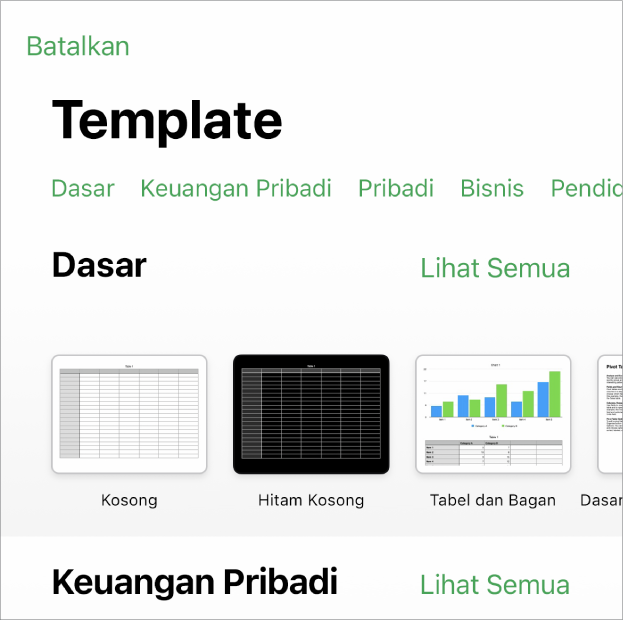 Pemilih template, menampilkan baris kategori di sepanjang bagian atas yang dapat Anda ketuk untuk memfilter pilihan. Di bawah adalah gambar mini template yang dirancang sebelumnya yang diatur menurut kategori, dimulai dengan Terbaru di bagian atas dan diikuti oleh Dasar. Tombol Lihat Semua muncul di atas dan di sebelah kanan setiap baris kategori. Tombol Bahasa dan Wilayah berada di pojok kanan atas.