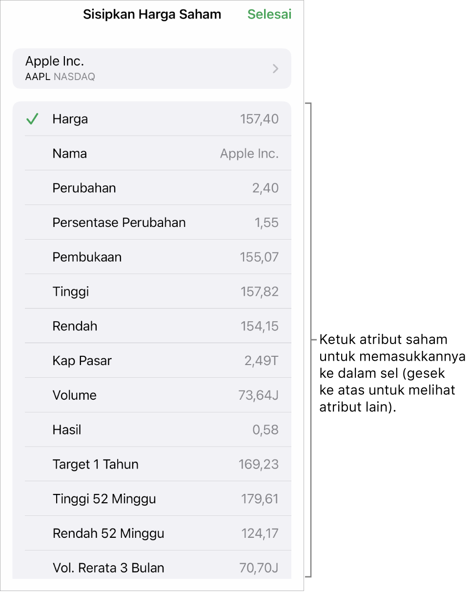 Popover harga saham, dengan nama saham di bagian atas, dan atribut saham yang dapat dipilih meliputi harga, nama, perubahan, persentase perubahan, dan pembukaan dicantumkan di bawah.