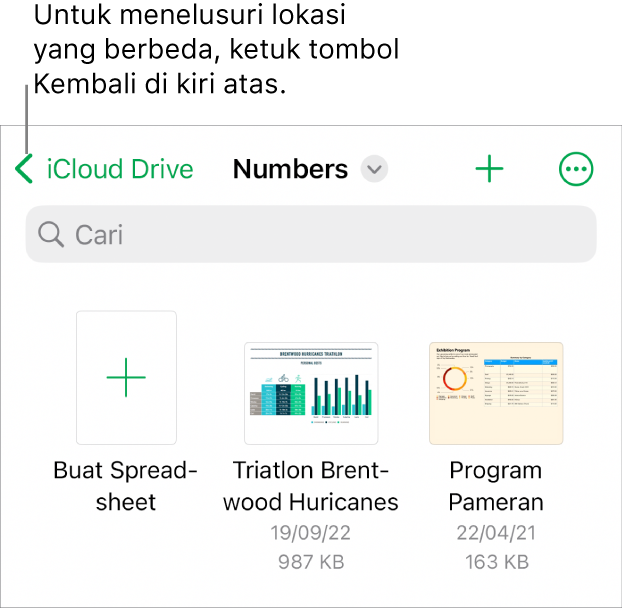 Tampilan telusur pengelola spreadsheet dengan tombol Kembali di pojok kiri atas dan di bawahnya terdapat bidang Cari. Di bawah bidang Cari, terdapat tombol Buat Spreadsheet di samping gambar mini dokumen yang ada. Di pojok kanan atas terdapat tombol Tambah Spreadsheet dan tombol Lainnya.