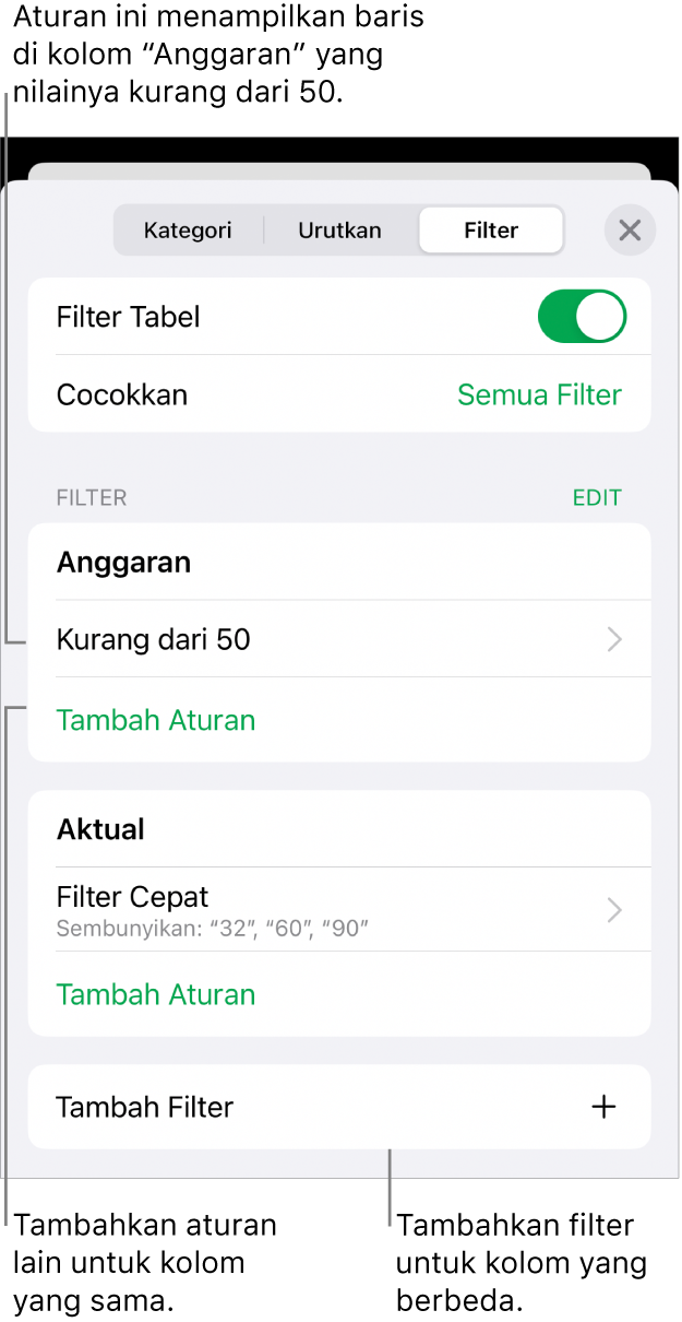 Kontrol untuk menambahkan aturan pemfilteran baru atau mengedit aturan yang ada.