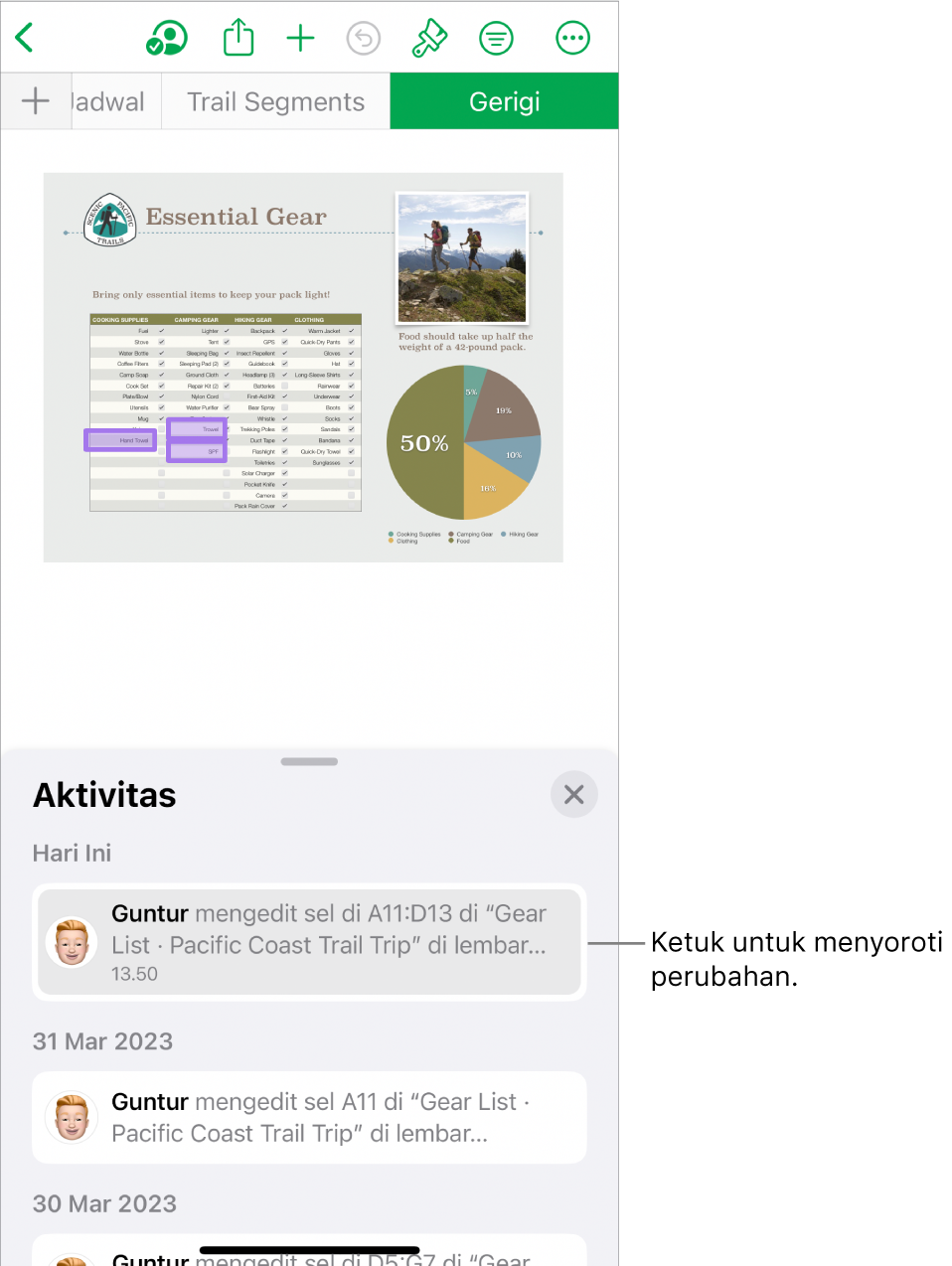 Spreadsheet kolaboratif dengan menu kolaborasi dan daftar aktivitas terbuka.