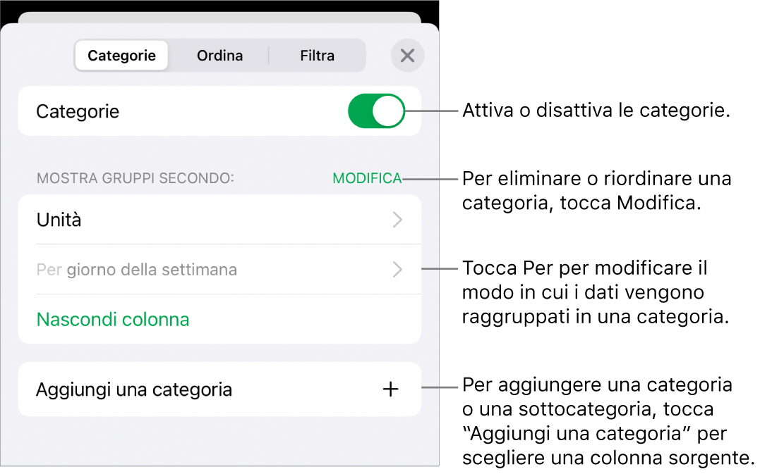 Il menu delle categorie in iPhone con opzioni per disattivare le categorie, eliminare le categorie, raggruppare i dati, nascondere una colonna sorgente e aggiungere le categorie.