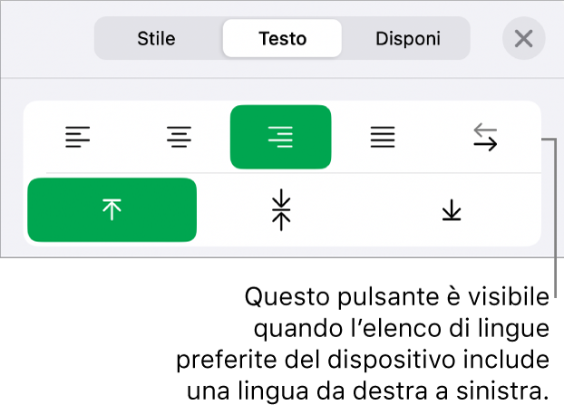 Sezione Stile del pulsante Formato con una didascalia per il pulsante “Da destra a sinistra”.