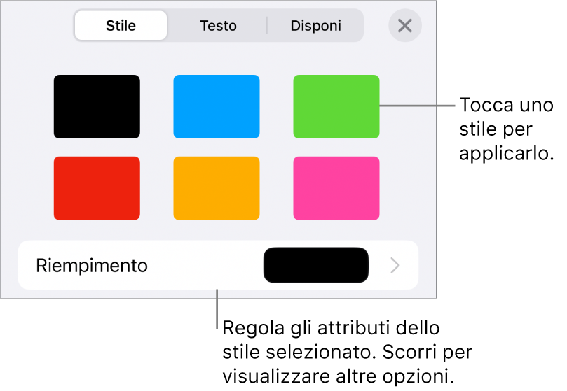 Pannello Stile del menu Formato con gli stili dell'oggetto in alto e un controllo sottostante per cambiare il riempimento.