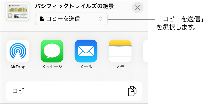 「共有」メニュー。上部で「コピーを送信」が選択されています。