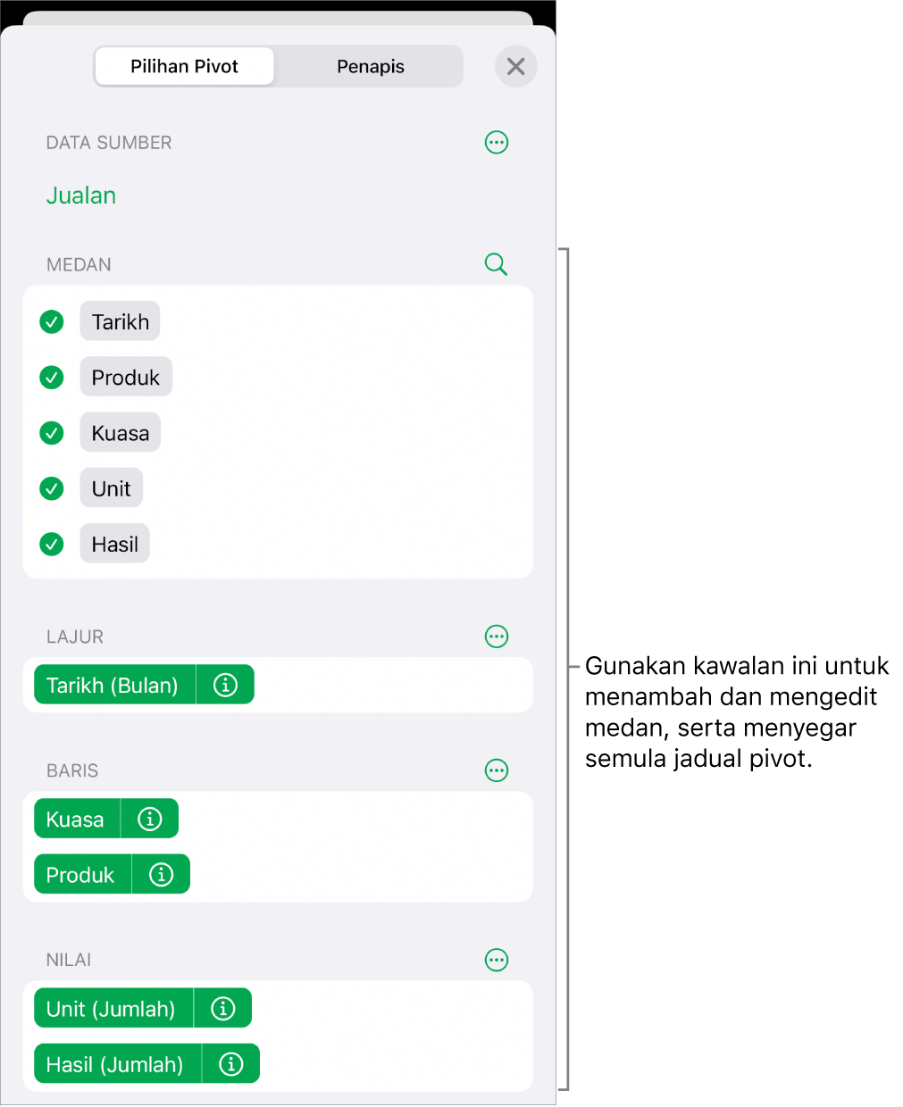 Menu Pilihan Pivot menunjukkan medan dalam bahagian Lajur, Baris dan Nilai, juga kawalan untuk mengedit medan.