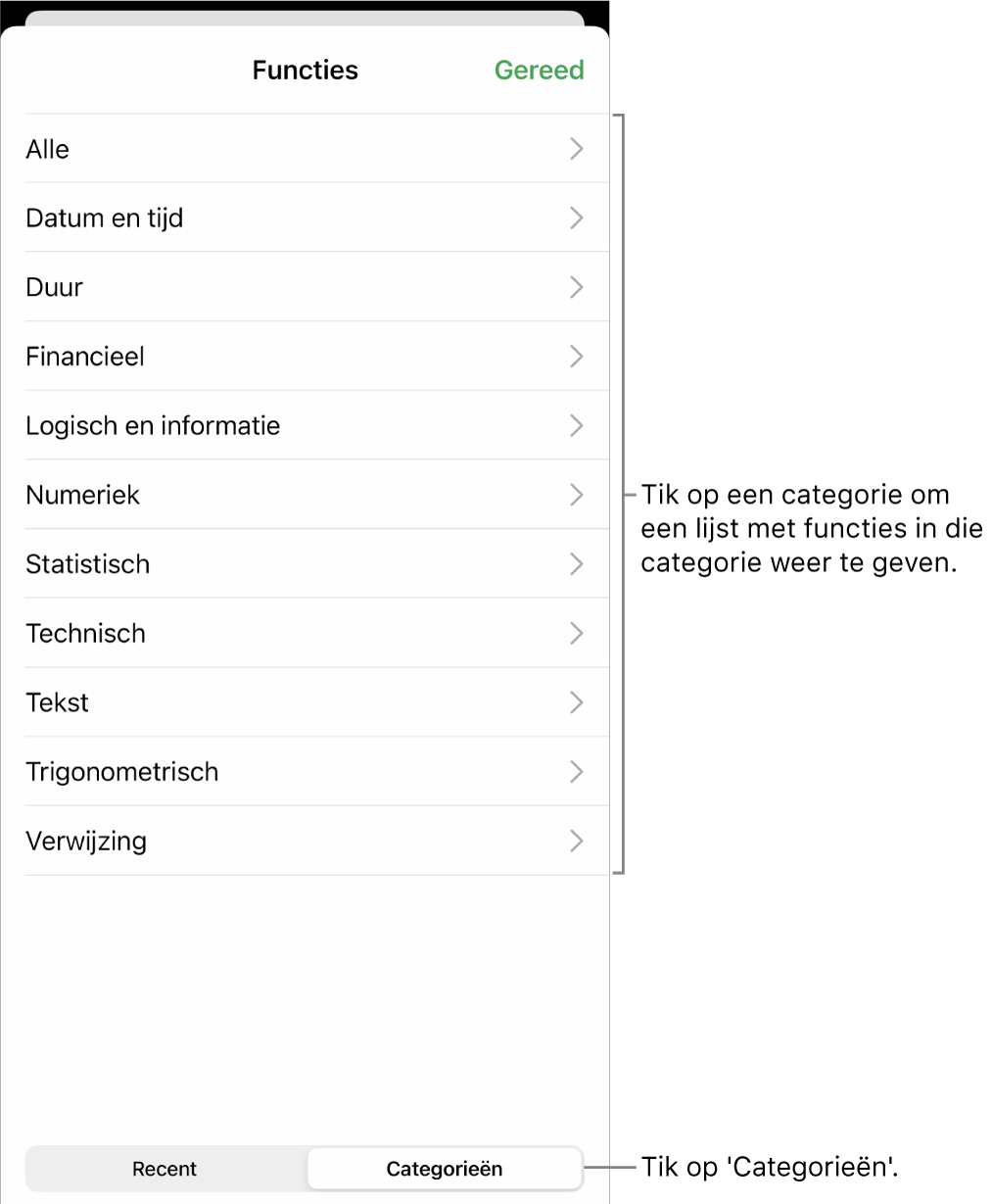 De functiekiezer met de knop 'Categorieën' geselecteerd en de lijst met categorieën eronder.