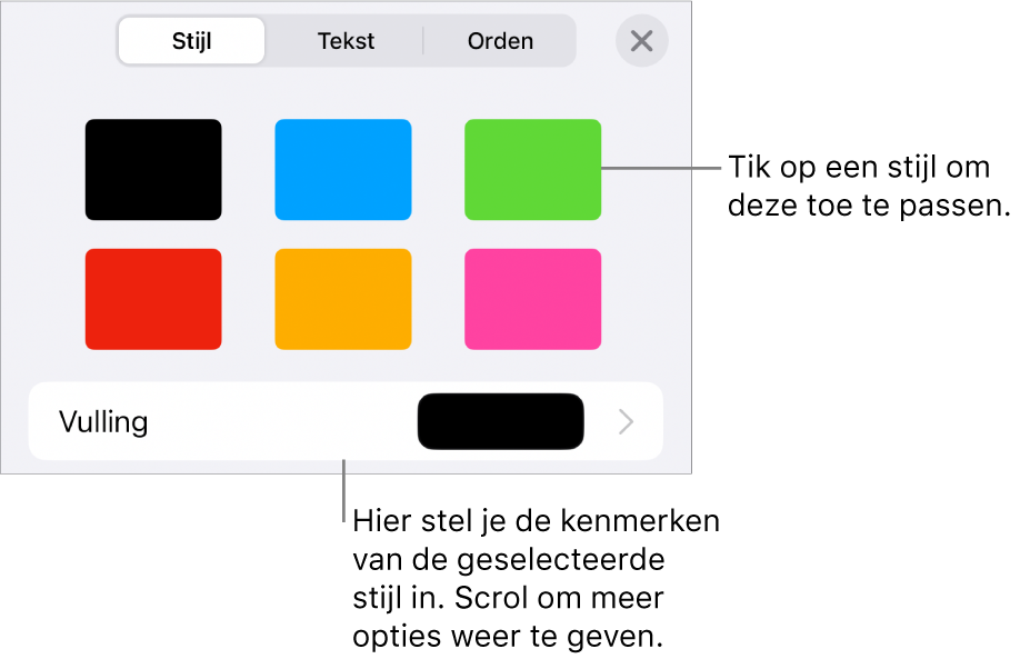 Het tabblad 'Stijl' in het opmaakmenu met bovenaan vormstijlen en eronder een kleurenvak voor de vulling.
