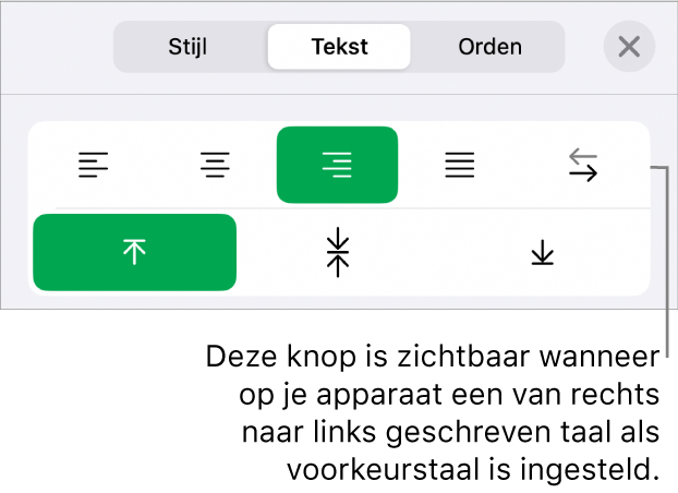 Het gedeelte 'Stijl' van het opmaakmenu met uitleg bij de knop voor rechts naar links.