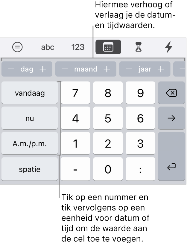 Het datum-en-tijdtoetsenbord. Op de rij knoppen bovenaan zie je tijdseenheden (dag, maand en jaar) die je stapsgewijs kunt verhogen of verlagen om de waarde in de cel te wijzigen. Links staan de toetsen 'vandaag', 'nu' en 'A.m./p.m.' en in het midden van het toetsenbord staan cijfertoetsen.