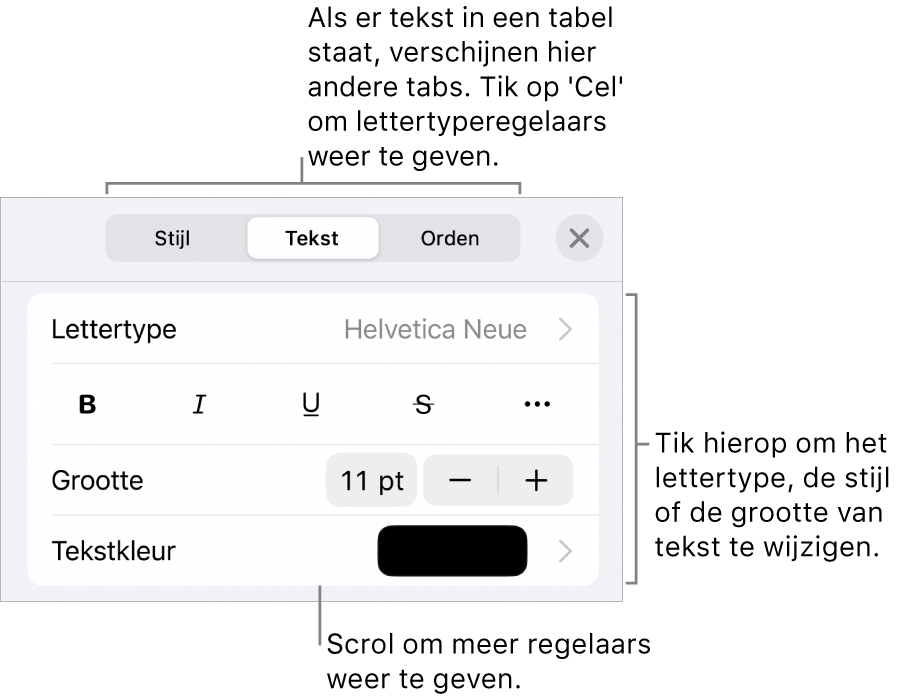 Tekstregelaars in het opmaakmenu voor het instellen van alinea- en tekenstijl, lettertype, lettergrootte en kleur.